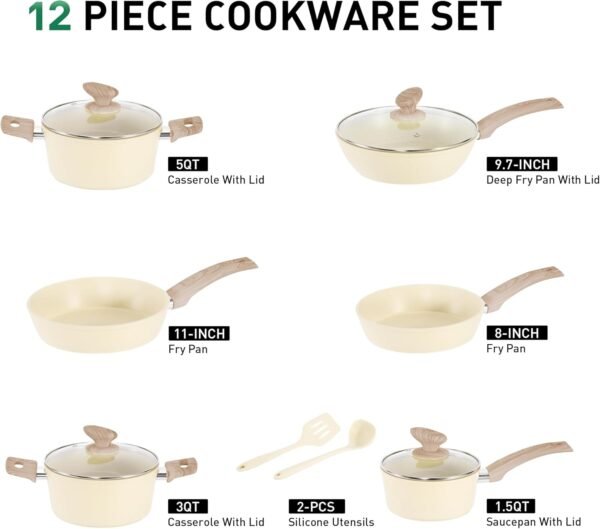 MAISON ARTS Kitchen Cookware Sets Nonstick, 12 Piece Pots and Pans Set Granite Cooking Set for Induction, Stovetop, Beige - Image 2