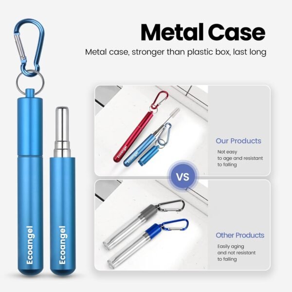 4-Pack Collapsible Stainless Steel Drinking Straws with Aluminum Case, Cleaning Brush, and Keychains - Silver, Blue, Red, Green - Image 3