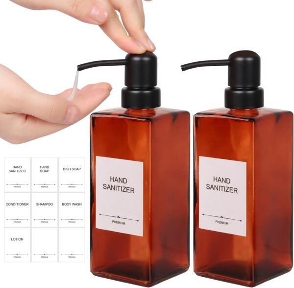 Alotpower Amber Glass Soap Dispenser 12 oz,2pack Glass Soap Dispenser with Pump,Refillable Square Amber Soap Dispenser Glass for Kitchen & Bathroom