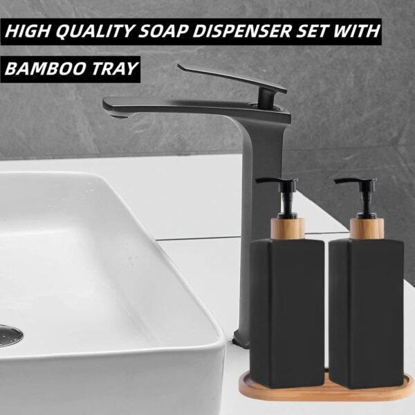 Matt Black Soap Dispenser Set, Harcure 2 Pack Glass Soap Dispenser with Tray, 12 oz Hand and Dish Soap Dispenser Set for Kitchen Bathroom, Refillable Liquid Lotion Dispenser Square (Black) - Image 5