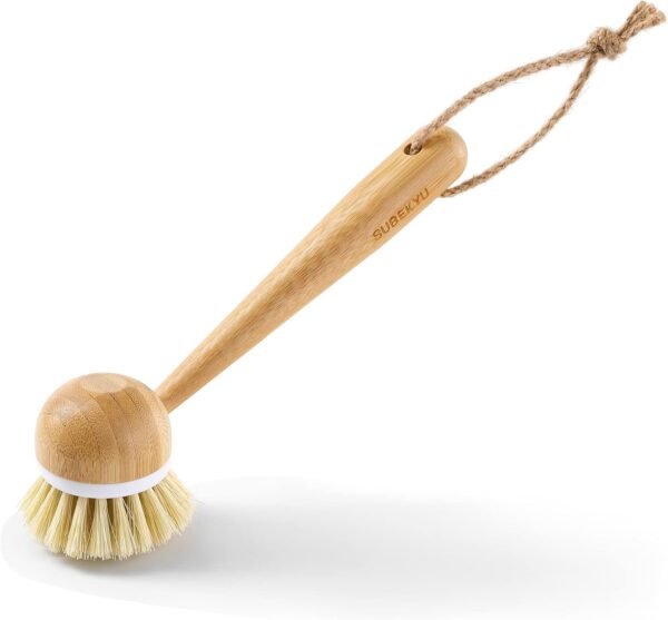SUBEKYU Dish Brush with Handle, Natural Bamboo Dish Scrubber Brush, Kitchen Dishwashing Brush for Cleaning Dishes/Pans/Pots/Sinks, Sisal Bristles, 2P - Image 3