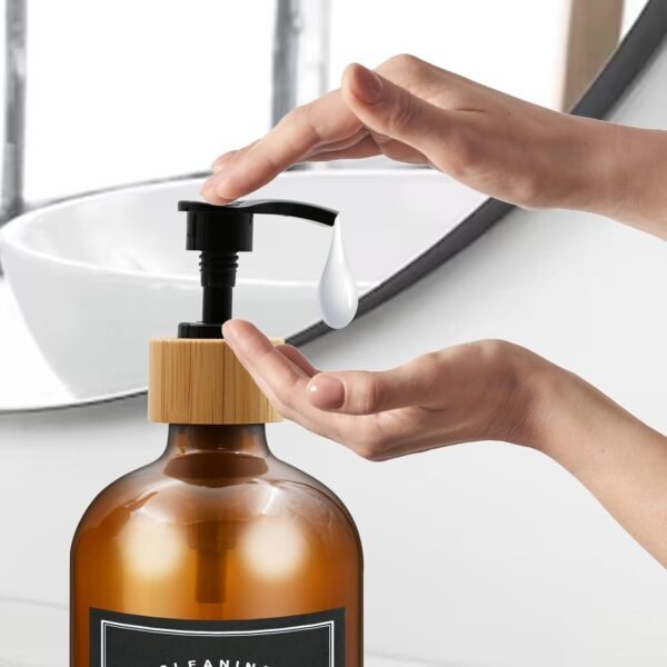 Dish Soap Dispenser Set with Bamboo Tray, Kitchen Soap Dispenser Set, Glass Matte Hand and Dish Soap Dispenser Set for Kitchen Decor-Brown - Image 7