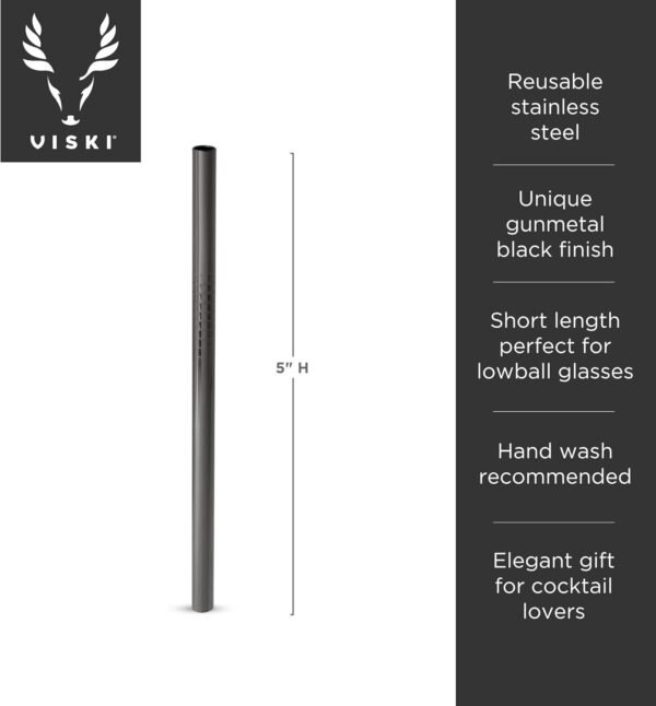 Viski Stainless Steel Straws for Cocktails - Eco-Friendly Reusable Metal Straws - Black Gunmetal 5in Set of 6 - Image 3