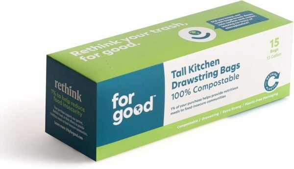 Compostable 13 Gallon Tall Kitchen Trash Bags – Biodegradable Bin Liner with Drawstring – Extra Strong, Tear and Leak Resistant Trash Bags, 15 Count, None - Image 5