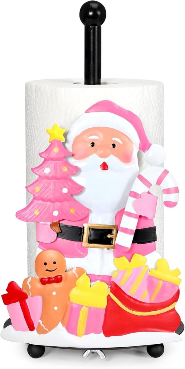 Qmetalart Pink Santa Claus Paper Towel Holder – Festive Christmas Paper Towel Stand, Holiday Tabletop Décor, Large Paper Towel Stand for Pink Christmas Kitchen & Bathroom Décor
