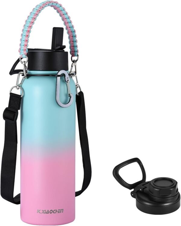 40 oz Insulated Water Bottle with Paracord Handles & Strap, 2 Lids(Straw Lid&Spout Lid), Stainless Steel Reusable Wide Mouth Metal Water Bottle With Straw, Double Walled, Thermo Mug(Rubber Pink)