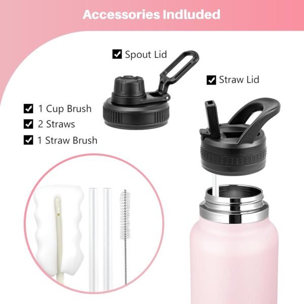 Insulated Water Bottle With Straw,32 oz Vacuum Insulated Stainless Steel Sports Water Flask with 2 Lids & 2 Straws,Keeps Cold and Hot,Metal Water Bottle Wide Mouth for Gym Travel Camping (Pink, 32oz) - Image 5