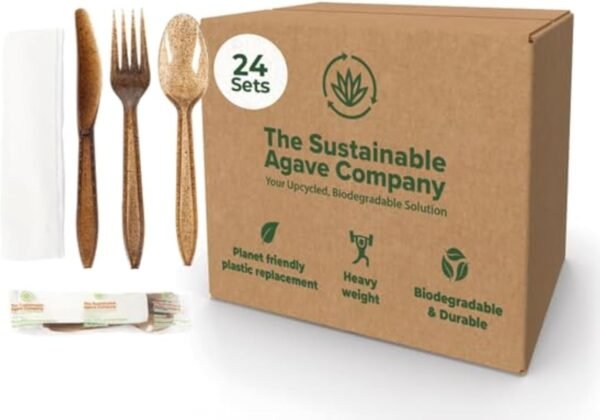 Sustainable Agave Co - Agave Fiber Cutlery Set - 24 Biofilm Wrapped Sets / 72 pcs - Biodegradable, Plant-Based, Made With Upcycled Materials - Bulk Brown Forks, Knives Spoons & Napkin Variety Pack