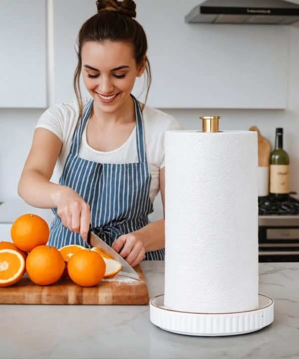 VROOMIUM Gold Paper Towel Holder Countertop, Ceramic Base Easy-to-Clean, 1.4 lbs, 7" B x 12.5" H, Stable Elegant and Durable Kitchen Roll Stand - Image 6