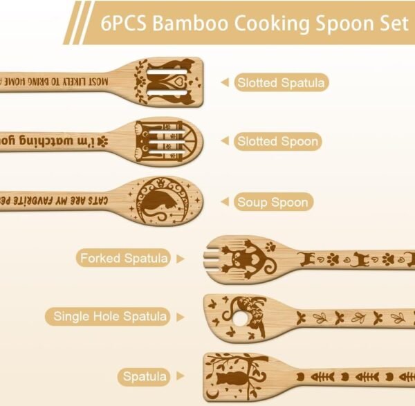 GLOBLELAND 6Pcs Cat Bamboo Cooking Utensils Wooden Engraved Cooking Spoons Set Carving Kitchen Bamboo Spatula Set Wood Cooking Spoon for Kitchen House Warming Gift - Image 2