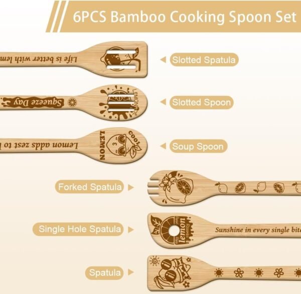 GLOBLELAND 6Pcs Lemon Wooden Spoons Utensil Set Bamboo Carving Kitchen Cooking Utensils Wooden Engraved Cooking Spatula Set for Kitchen Fun House Warming Gift - Image 2