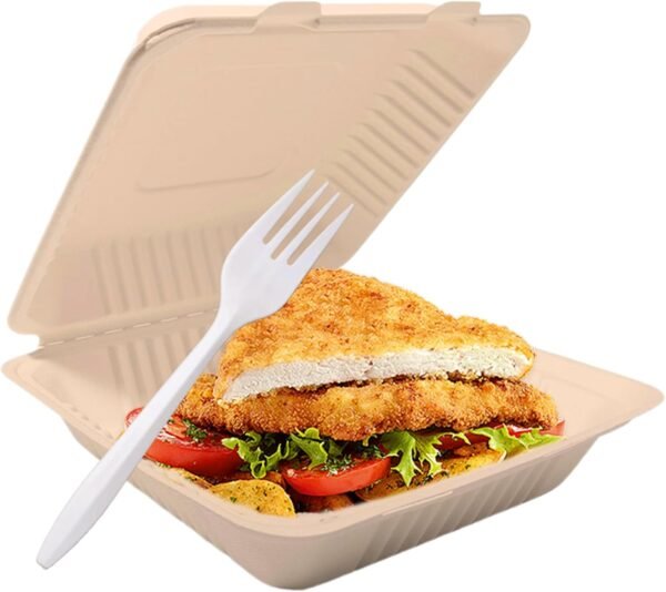 To Go Food Containers with 50 Forks,Disposable Food Containers with Lids,Sugarcane Fiber To Go Boxes,Clamshell Take out Containers for Meal Prep (8"x8" 1-compartment 50 Pack (Natural))