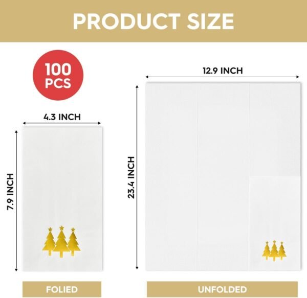Horaldaily 100 Christmas Disposable Paper Decorative Guest Napkins, Gold Foil Christmas Trees Hand Towel for Party Lunch Dinner Kitchen Bathroom - Image 7