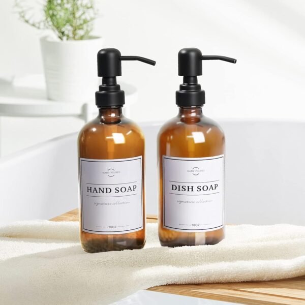 Amber Glass Soap Dispenser with Pump and Tray - Hand Dish Soap Dispenser Bottles for Hand Soap, Dish Soap, Lotion - Vintage Soap Dispenser Bathroom and Kitchen Sink Set (Amber Bottles; Black Pumps) - Image 3