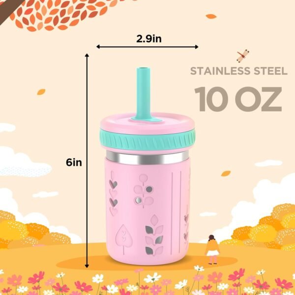Tronco Stainless Steel Sippy Toddler Cups, 10 oz Mason Jar Kids Smoothie Cups with Silicone Sleeves and Straws, Spill Proof, BPA-Free, Toddler Snack Cups - Image 6