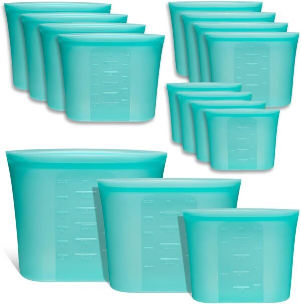 Reusable Food Bags, 12 Pack 100% Silicone Food Storage Bags Stand Up Zip Silicone Bags for Food Container, Freezer Microwave Oven Dishwasher Safe, 4 Large 4 Medium 4 Small, Aqua