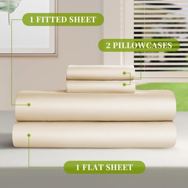 Shilucheng 100% Viscose Derived from Bamboo_ Sheets King Size 4pcs - Ultra Cooling & Silky Soft Bed Sheets, 16" Deep Pocket, Perfect for Hot Sleepers, Hotel Bedding Sheets (Beige) - Image 8