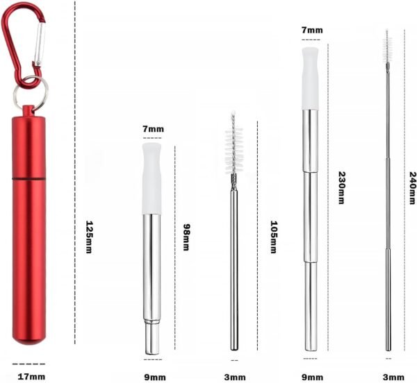 Metal Straws Reusable，Collapsible Stainless Steel Straw，Cruise Ship Essentials，Equipped with Silicone Straw Tip，Cleaning Brush and Keychain，Easy to Carry and Clean（Red） - Image 2