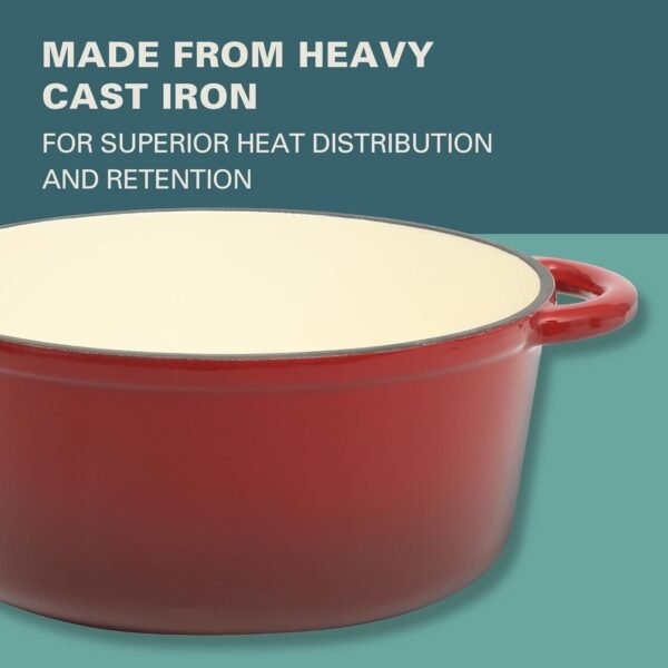 Gibson Home Addlestone 5 Quart Round Enamel Cast Iron Dutch Oven Pot With Lid & Dual Handles - Red - Image 6