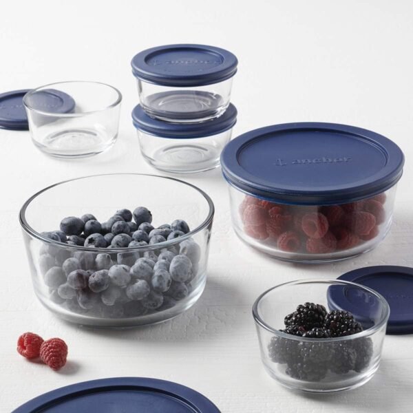 Anchor Hocking 12 Piece Glass Storage Containers with Lids (6 Glass Food Storage Containers & 6 Navy Blue SnugFit Lids) - Image 4