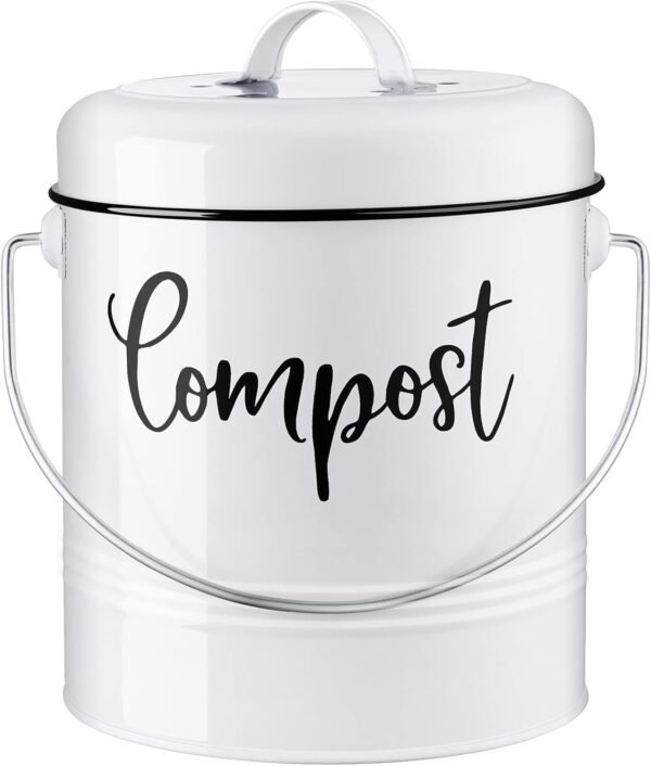 Compost Bin Kitchen - 1.3 Gallon Farmhouse Kitchen Compost Bin Countertop - Indoor Compost Bin - Countertop Compost Bin with Lid and Charcoal Filters - Rust Proof Compost Bucket, White