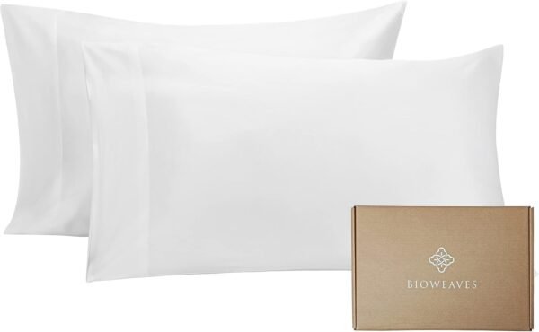 BIOWEAVES 100% Organic Cotton Pillow Cases 300 Thread Count Soft Sateen Weave GOTS Certified – Standard/Queen Size, Set of 2, White