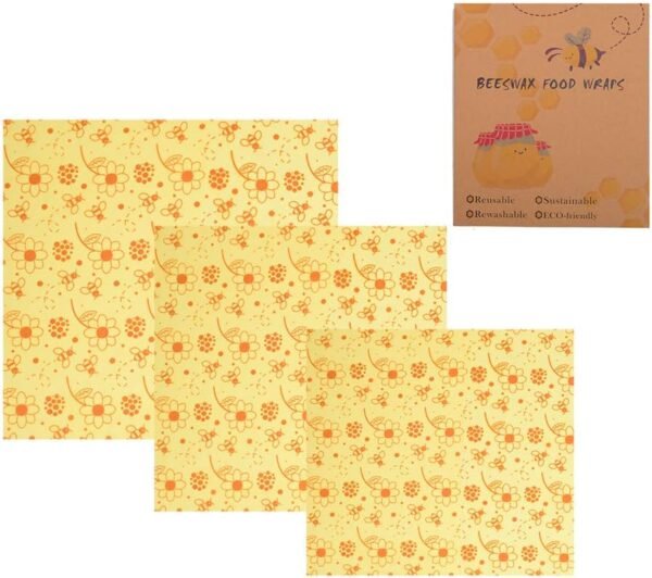 Reusable Beeswax Food Storage Wraps, SURDOCA® Assorted 3 Pack, Sustainable Plastic Free Waxed Cotton Cloth Wraps, Plastic Free Alternative to Food Storage(B)