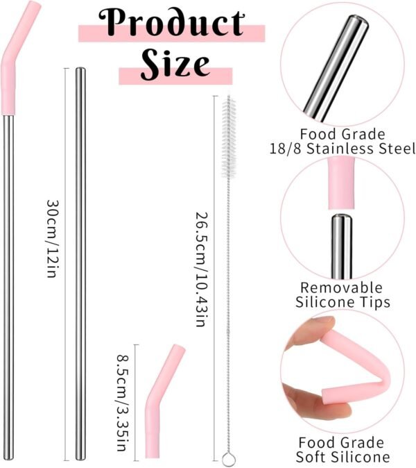 Reusable Metal Straws with Silicone Tip, 4 Pcs Stainless Steel Straws for 40 oz Tumbler,Extra Long Drinking Cup Straws - Image 3
