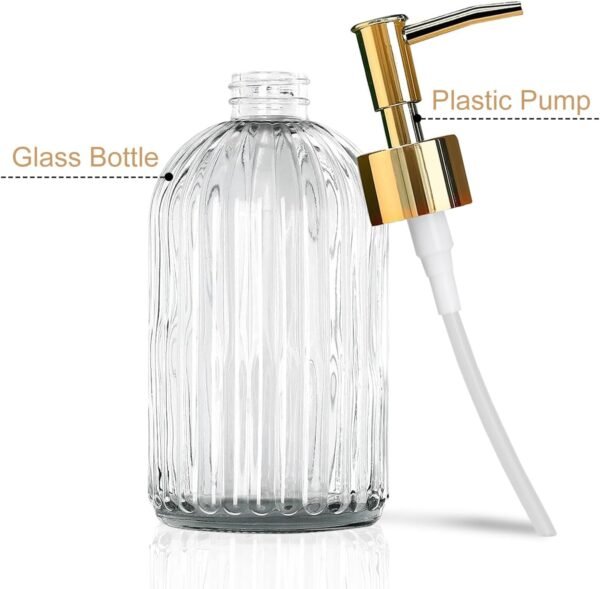 14 Oz Stripe Clear Glass Soap Dispenser with Gold Plastic Pump, Stripe Design Refillable Liquid Hand Lotion Dispenser, Contains Hand Soap and Dish Soap Dispenser, for Kitchen and Bathroom - Image 4