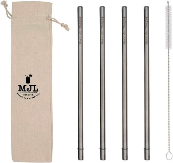 Long Safer Rounded End Stainless Steel Metal Straws for Large Cups, Tall Glasses, or Quart Mason Jars (4 Pack + Cleaning Brush + Bag)