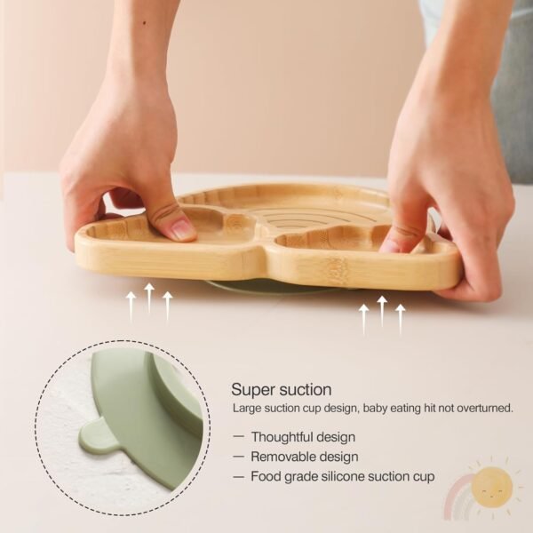 Bamboo Suction Plates Bowls Set for Baby Toddler Divided Platter Food bowl with Silicone Fork & Spoon All-Natural Baby Feeding Set for Baby-Led Weaning, Non-Slip Design - Image 3
