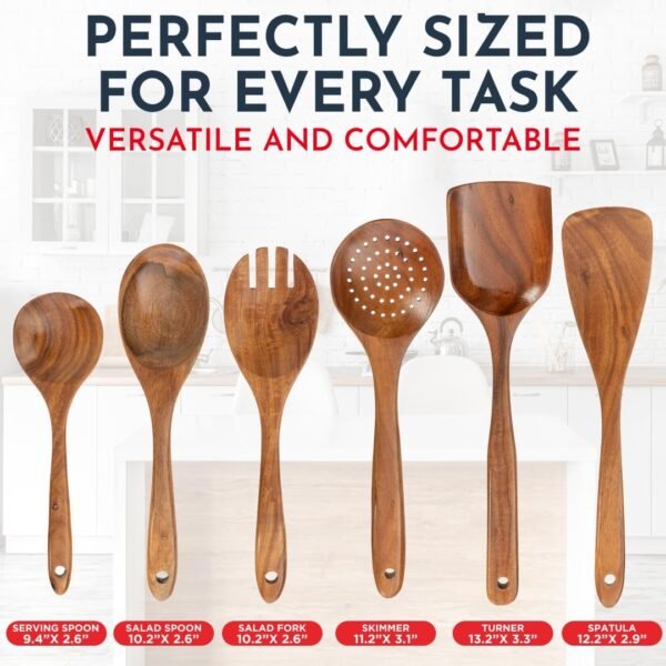 Teak Wooden Utensil Set 6-Piece - Smooth Finish Wooden Spoons for Cooking Comfortable Grip, Non Scratch Premium Teak Wood Kitchen Utensils Set - Image 2