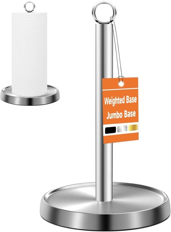 Paper Towel Holder Countertop, Silver Stainless Steel Paper Towel Holder for Standard & Jumbo Rolls, Paper Towel Holder Stand with Weighted Anti-Slip Base for Kitchen Bathroom