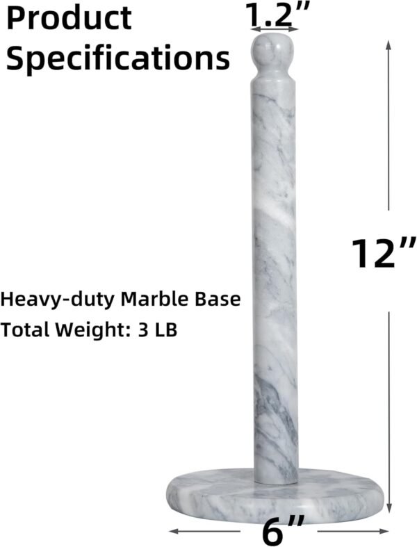 Handmade Marble Paper Towel Holder for Countertop - 12" Upright Paper Roll Dispenser with Heavy Non-Slip Base, Easy One-Handed Tear, for Kitchen Countertops, Cabinets, and Bathrooms-White & Light Grey - Image 2
