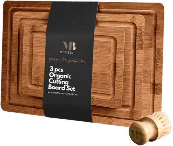 MelBell Bamboo Cutting Board Set Of 3 for Kitchen - Wooden Chopping Boards with Juice Groove - Wood Serving Board for Meat, Vegetables, Cheese
