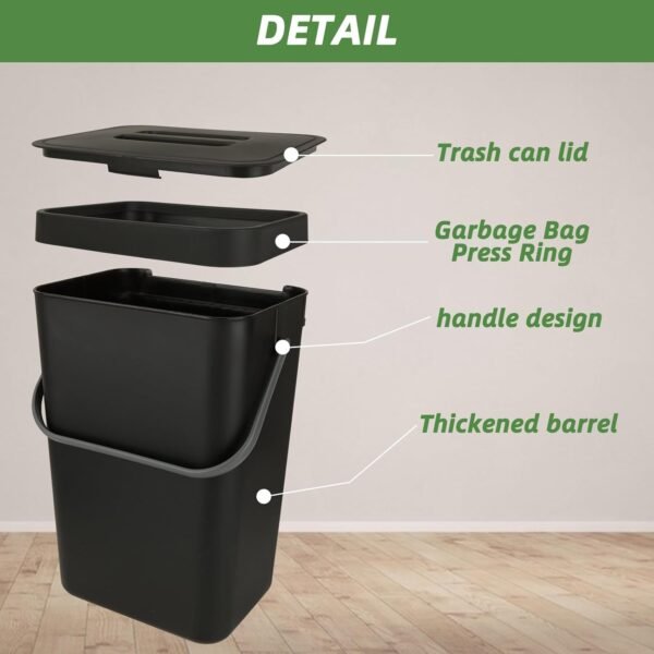 1Pcs Hanging Trash Can with Lid, 12L Kitchen Compost Bin with Lid, Plastic Large Hanging Garbage Can Under Sink for Kitchen, Bathroom, Cabinet Door(Black) - Image 2