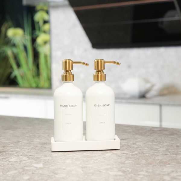 Gold Soap Dispenser Set, Glass Soap Dispenser with Gold Stainless Steel Pump, Perfect for Modern Kitchen Counter Decor. (Gold) - Image 3
