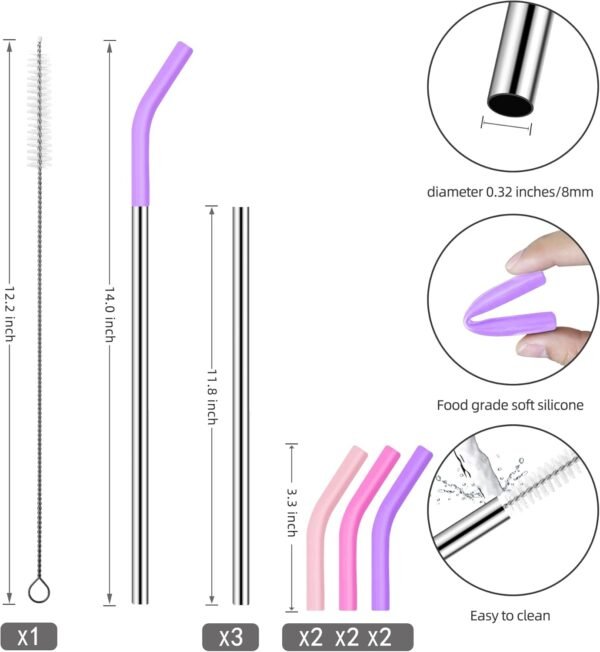 Set of 3 Stainless Steel Straws for 40 Oz Tumbler,For Stanley 40 Oz Tumbler, Reusable Metal Straw with 6 Silicone Tips and 1 Straw Cleaning Brush (Light Pink, Pink, Purple, 40 Straight Straw) - Image 2