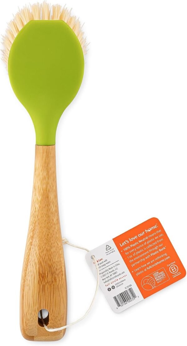 Full Circle Be Good Bamboo Handle Dish Brush – Sustainable Kitchen Cleaning with Tough Bristles - Natural Dish Scrubber & Cast Iron Cleaner - Long Handle Brush for Dishes, Pots, and Pans, Green - Image 3