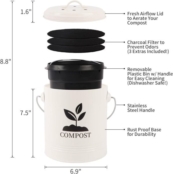 Compost Bin Kitchen Countertop, Indoor Compost Bin with Inner Bucket, 1.15 Gallon Small Compost Bin with Lid, Indoor Composter Bin Counter Compost Pail Food Waste Bin Includes 3PCs Carbon Filter Cream - Image 7