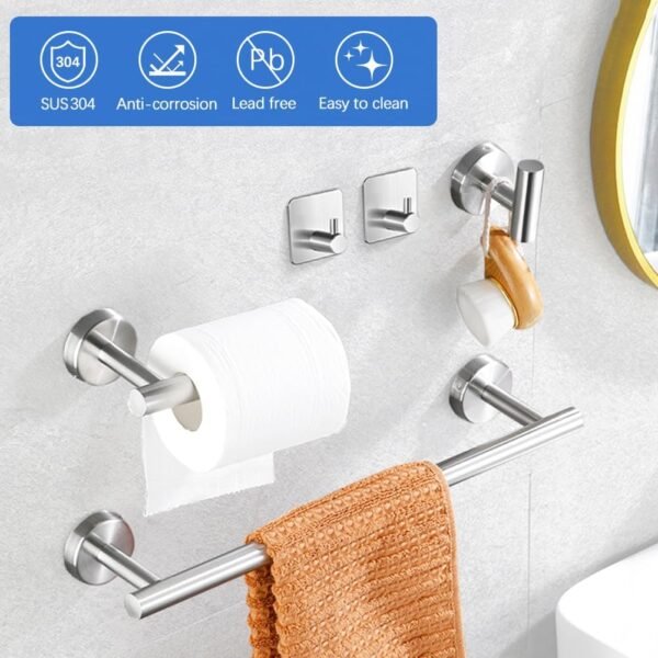 Bathroom Hardware Set, 16" Matte Silver Bathroom Accessory Set, 5 Pieces Hand Towel Bar Set Wall Mounted, Including 16" Hand Towel Bars, Toilet Paper Holders, Robe Towel Hooks Silvery - Image 2