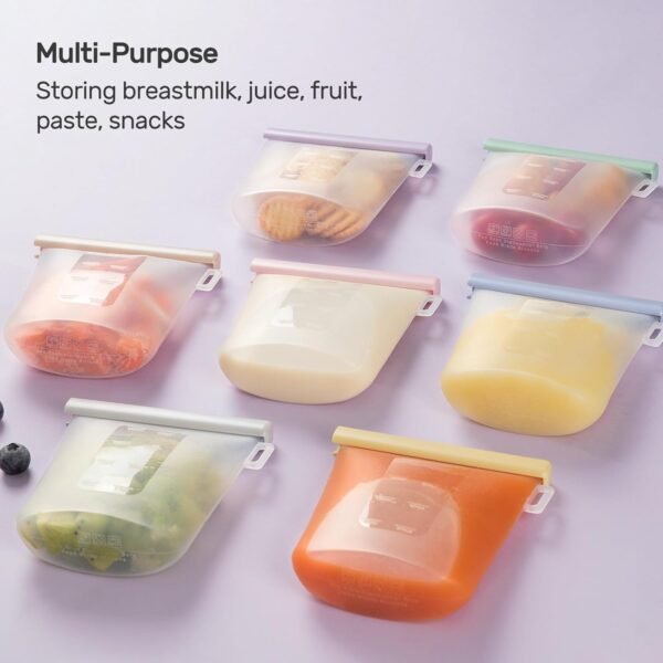 Nuliie 7 Pcs Silicone Breastmilk Storage Bags Reusable, 8oz/240ml Double Leak-Proof Breastmilk Freezer Bags, BPA Free Self-Standing Milk Bags for Breastfeeding, Baby Food Pouches - Image 6