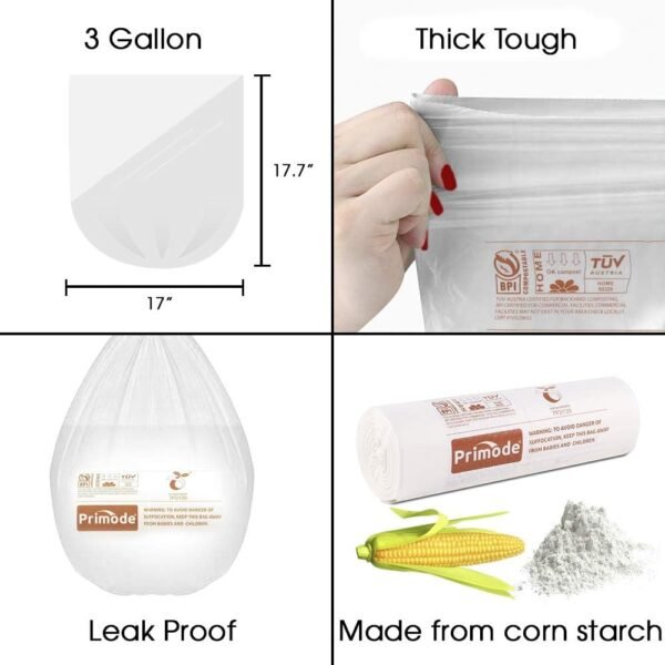 Primode Compostable Bags, 3 Gallon Food Scraps Yard Waste Bags, 100 Count, Extra Thick 0.71 Mil. ASTMD6400 Compost Bags Small Kitchen Trash Bags, Certified By BPI And TÜV AUSTRIA - Image 5