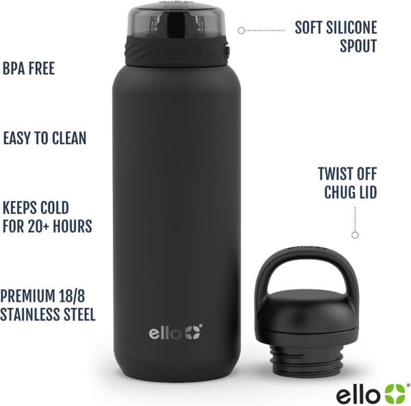 Ello Cooper 32oz Stainless Steel Water Bottle with 2 Lids Chug and Straw | Leak Proof | Double Walled and Vacuum Insulated | Built in Carry Loop | Dishwasher Safe | Gray - Image 4