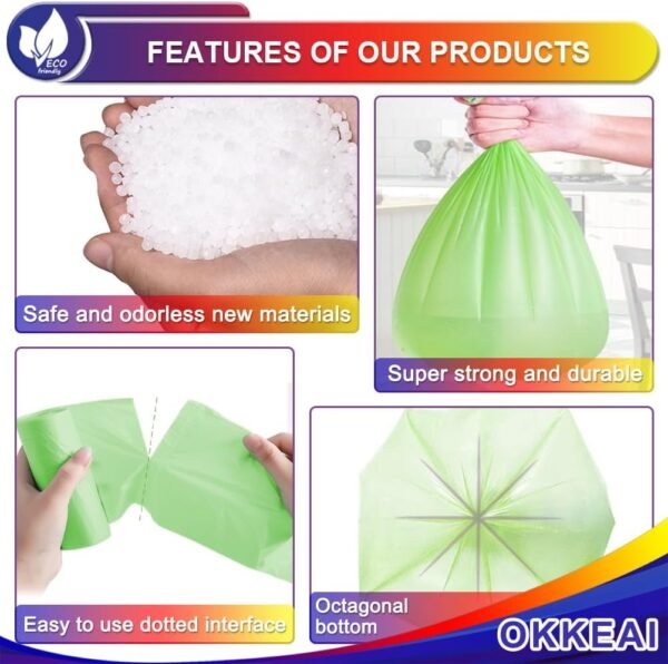 OKKEAI Large Garbage Bags 13 Gallon Tall Kitchen Green Trash Bags 49 Liter Bin Liners for Lawn Yard,Home,Office,60 Counts (Fits 10-15 Gallon Bins) - Image 3