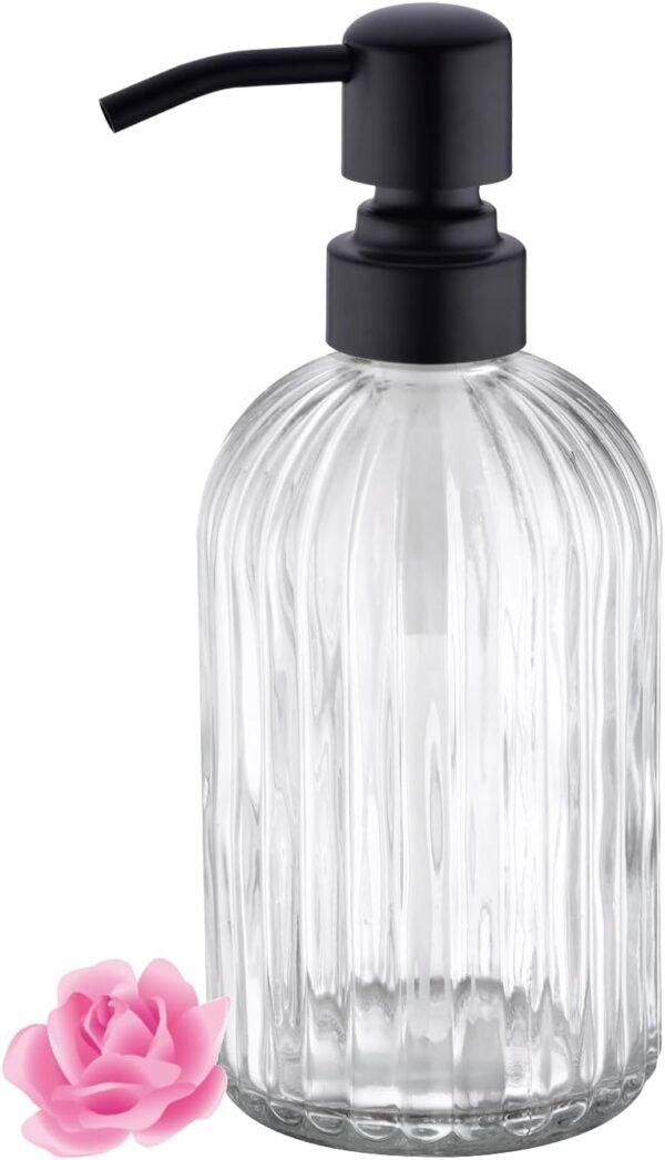 Aspasia Glass Soap Dispenser, Clear Glass Bottle with Rust Proof Stainless Steel Pump, Refillable Liquid Hand Soap Dispenser for Bathroom, Kitchen, 15 Oz, Matte Black