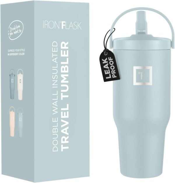 IRON °FLASK Sidekick Insulated Water Tumbler with Straw & Foldable Handle -Stainless Steel Leak-Proof Bottle, Non-Slip Base & Fits Cup Holders for Hot, Cold Drinks - Travel Mug - 30 Oz, Morning Mist
