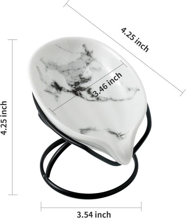 Leaf-Shaped Soap Dish – Ceramic Soap Bar Holder with Self-Drainage System – Bar Soap Holder for Shower, Bathroom Sink, Kitchen – Soap Dish with Stainless Steel Stand (White-Black-2 Pack) - Image 4