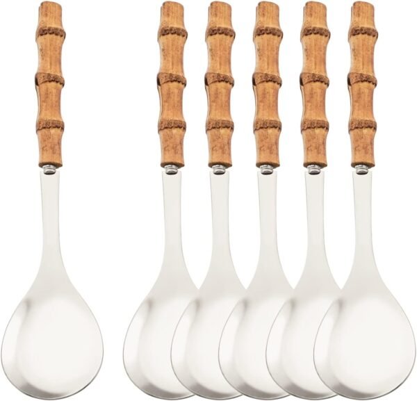 Natural Bamboo Handle Serving Spoons Set of 6, Large Size Stainless Steel Dinner Buffet Catering Banquet Serving Spoons, 10.0" Silver Big Ladle Tablespoons for Home, Family Serving Utensils