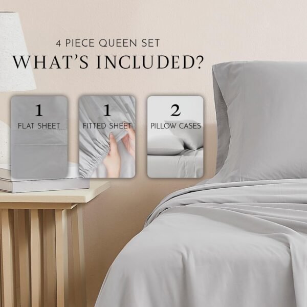 Linen Closet Luxury Cotton 144 Thread Count Organic Cotton 4-Piece Sheet Set, Queen, Light Grey - Image 2